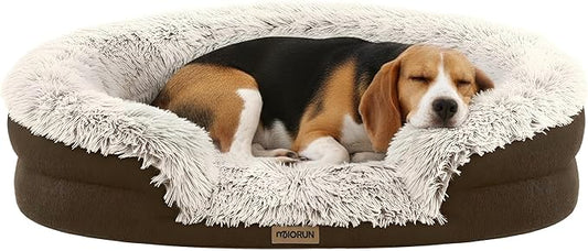 Fluffy Orthopedic Dog Bed for Small & Medium Dogs, Calming Plush Sofa Bed with Curved Bolster Support and Egg-Crate Foam Base, 35" Cozy Oval Pet Donut Bed with Washable Cover, Coffee