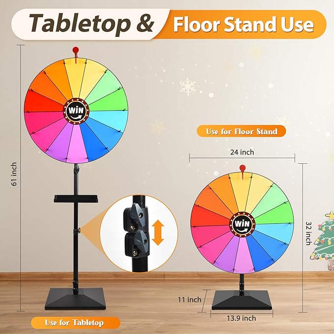 AugFir 24-inch Prize Wheel, Adjustable 32"-61" Height Desktop & Floor Stand Spinning Prize Wheel, Storable Prize Wheel Spinner, Suitable for Party, Carnivals and Tradeshow