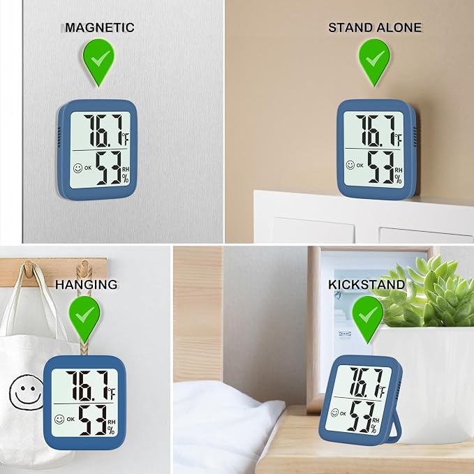 2 Pack Room Thermometer Indoor Hygrometer | Monitor Temperature & Humidity, Accurate, Fast Read, Easy To View, Magnetic/Kickstand/Hanging, ℉/℃, w/ Battery, Compact