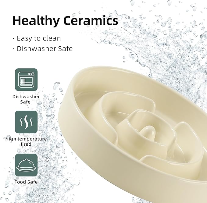 Havniva 3.2 Cup Ceramic Raised Slow Feeder Dog Bowl Set, Elevated 8.2inch Bowl and 9.5inch Puzzle Slow Food Dish with Wooden Stand for Large Dog, Anti-Gulping (2 xLight Yellow+ Stand)