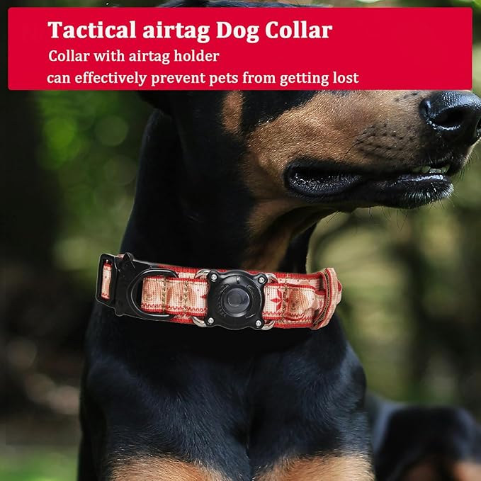 Christmas Tactical Dog Collar with Airtag Holder Waterproof Dog Airtag Collar with Control Handle Adjustable Heavy Duty Dog Collars(Christmas Red，XXL