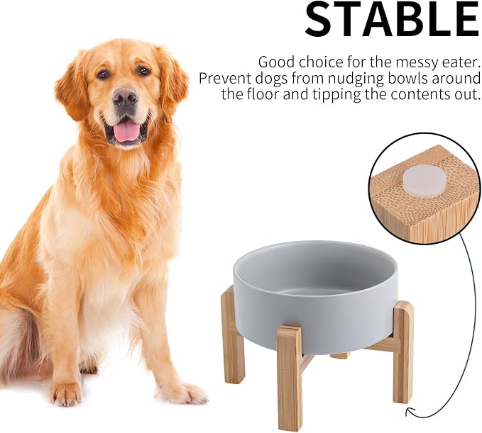 Grey Raised/Elevated Ceramic Dog Bowl for Medium Large Sized Breeds,Large Dog Food Water Bowl with Stand,8 in Non Slip Heavy Weighted 1800ml/ 7.6 Cups/60 OZ