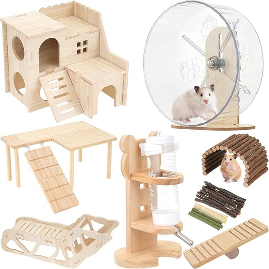 Hamster Toys Complete Set - Noiseless Silent Exercise Wheel, Maze Wood House, Stand, Chew Toys & Water Bottle Cage Accessories for Hamster, Rat, Mice Small Animal Habitat