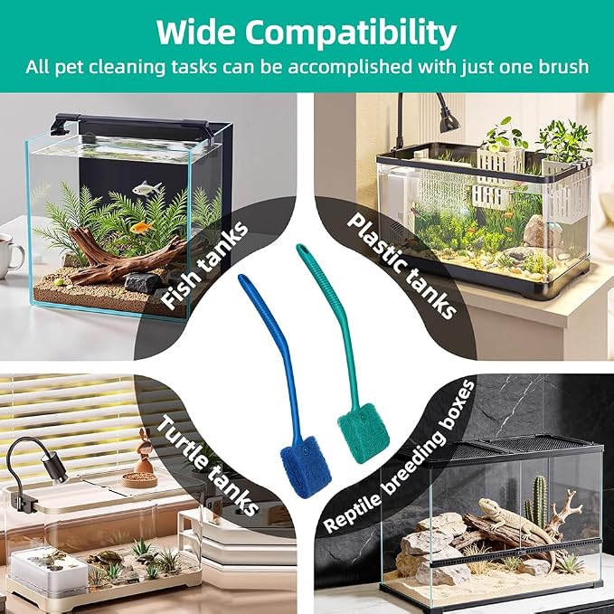 DaToo 2 PCS Fish Tank Cleaning Tools Double Sided Sponge Brush Cleaner Long Handle Aquarium Cleaning Scrubber for Aquariums and Home Kitchen