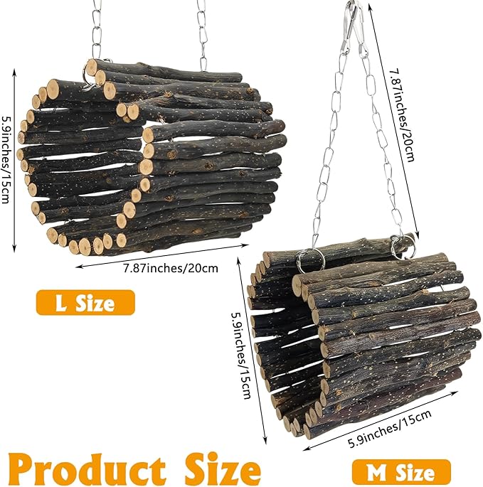 BNOSDM Chinchilla Hanging Tunnel Toy with Adjustable Metal Chain,Natural Fruitwood Small Animal Tubes & Tunnels Toys, Rat Cage Accessories for Ferret, Squirrel, Guinea Pig (Size M)