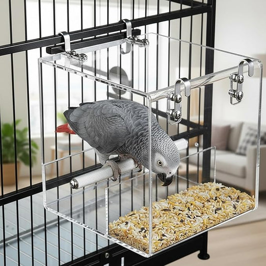 No Mess Bird Feeder for Cage Acrylic, Large Bird Cage Pet Feeder Seed Food Container, for Parakeet Canary Parrot Cockatiels Cockatiels Lorikeet Lovebirds, 6.2 x 6.2 x 6.3 inch