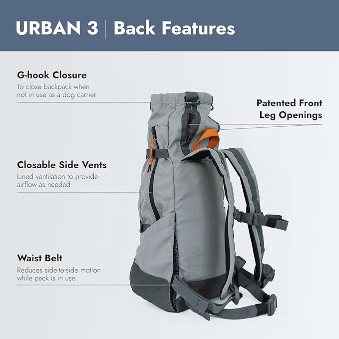 K9 Sport Sack Urban 3 - Small, Concrete - Ideal for Dogs with 13-16” Back Length - Dual-Use, Backpack-Style Carrier + Everyday Pack