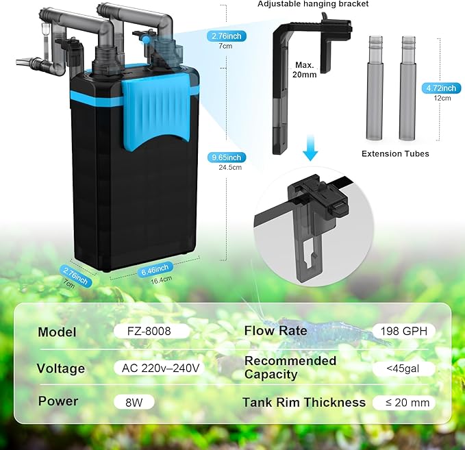 FZONE Aquarium Hang on Back Filter, 4 Stage HOB Filter for Mini and Nano Desktop Tanks, 198 GPH Adjustable Flow, with Rainfall, Duckbill, Direct Flow outlets (L)
