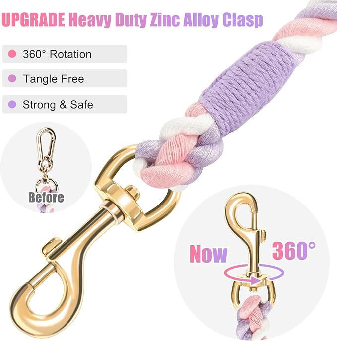 Dog Leash 6 FT Handmade Braided Cotton Rope Leashes for Small Medium and Large Dogs, New Golden Heavy Duty Metal Clasp, Unicorn Purple