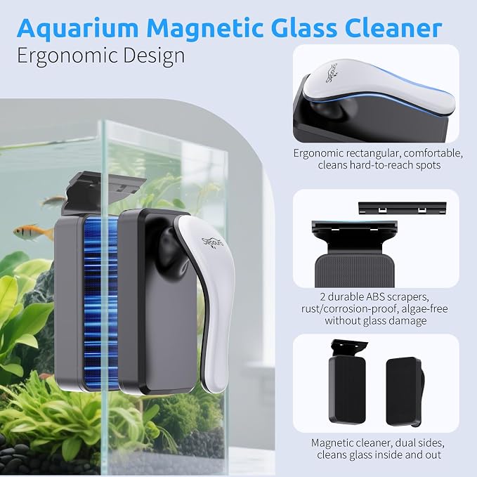 SEAOURA Floating Magnetic Aquarium Cleaner Dual Sided Anti Scratch Algae Scraper for Fresh Salt Water Fish Tanks | Floating Inner Magnet Design Dual Sided Algae Removal Pad Anti Scratch Glass Safe Material Strong Adsorption Magnetic Brush