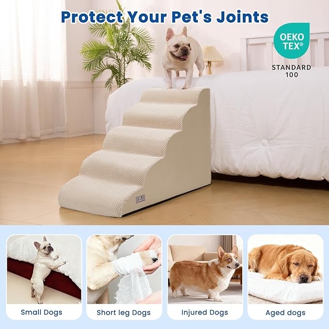 Airpanda 5 Step Dog Stairs for High Bed – Pet Steps for Small Dogs, Non-Slip Dog Ramp with Washable Cover, Pet Ladder for High Beds,Beige