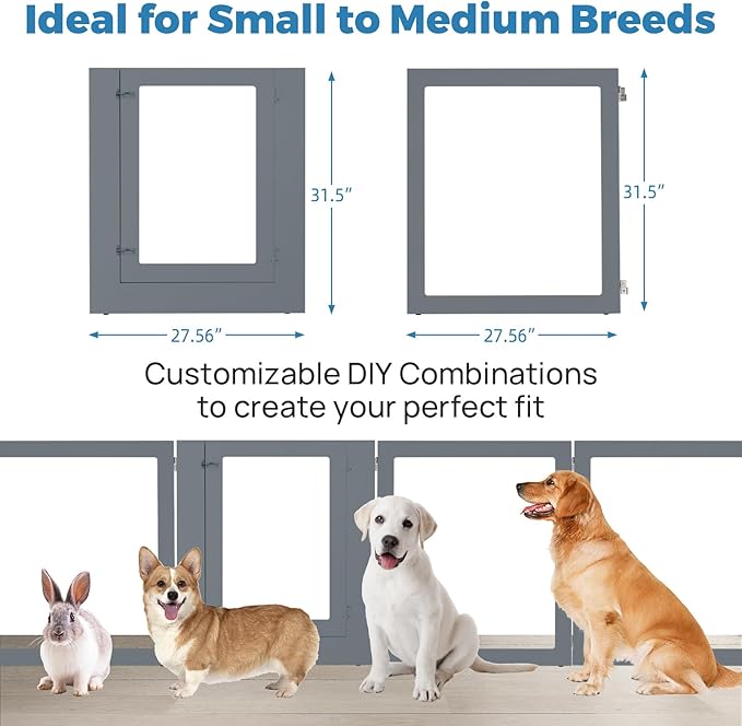 Heavy Duty Clear Acrylic Dog Playpen for Small/Medium Pets – 32" High Clear Pet Pen with Sturdy Metal Frame, Walk-in Kennel, Expandable Indoor & Outdoor Pet Play Yard (Grey, 8 Panels Including Door)