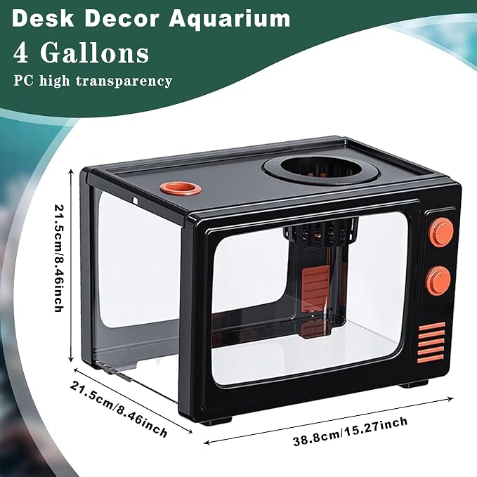 Retro TV Aquarium Kit 4 Gallon Desktop Fish Tank with Filter and LED Light, Mini Aquarium Starter Kit for Betta Fish, Vintage Television Style Decorative Fish Tank for Office Desk Home Decor
