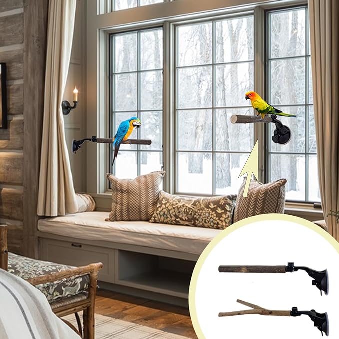 2 PCS Natural Wood Bird Perch with Suction Cup Parrot Shower and Window Perch Stand Bird Portable Suction Cup Shower Perch for Parrot Parakeet Cockatiel Conure Budgie Lovebirds