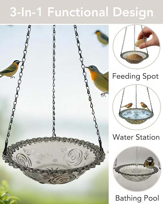 2 Pack Hanging Bird Baths and Feeders for Outdoors, Plastic Bird Bath Bowl & Hanging Feeder for Garden Yard Decor,Mist Grey
