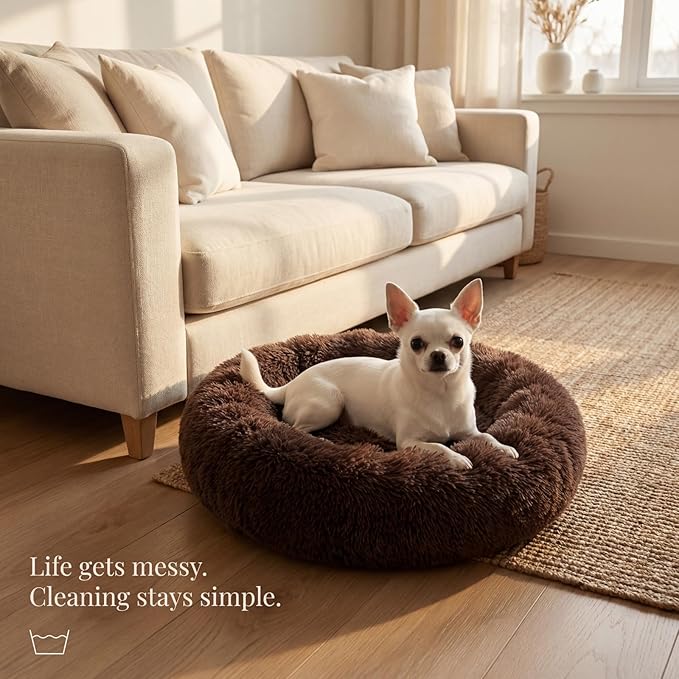Calming Donut Dogs Beds for Small Dogs Washable,19inch Fluffy Round Puppy Bed for Puppies,Cats & Toy Breeds with Raised Rim,Fits up to 15 lbs Pets,Chocolate Brown