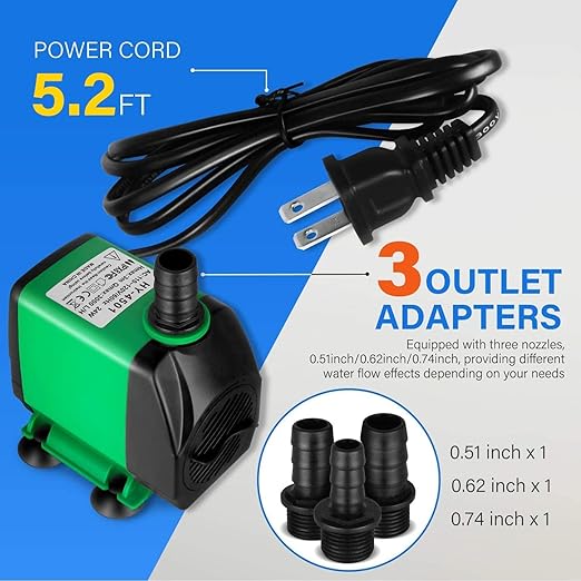 Simple Deluxe 60W 800GPH Submersible Pump (3000L/H), Ultra Quiet (10ft High Lift), 3 Nozzles with 5.2ft Power Cord for Fish Tank, Pond, Aquarium, Statuary, Hydroponics, Fountain
