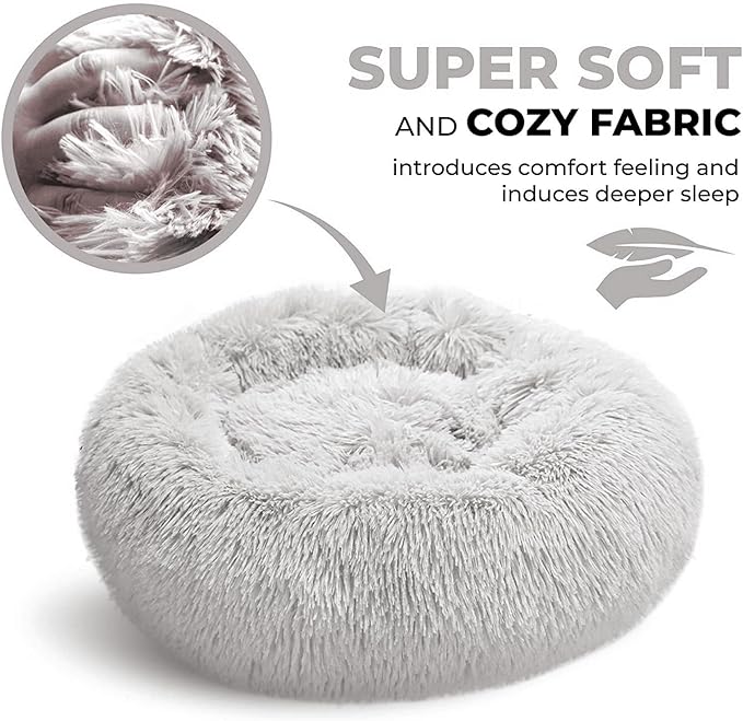 Whiskers & Friends Cat Beds for Indoor Cats, Fluffy Calming Donut Cat Bed, Small Dog Bed Washable - Orthopedic Soft Plush Pet Beds Sized for Kitten to Large Cats & Puppy to Small Dogs - Light Grey C