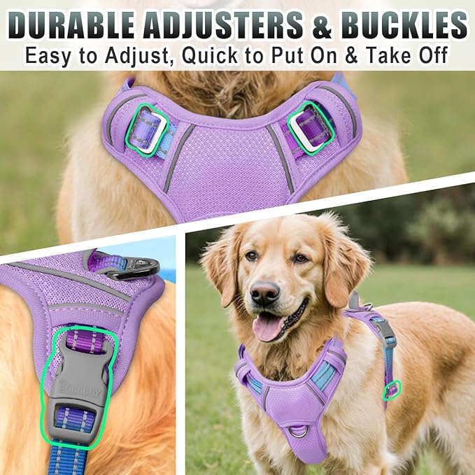 BARKBAY No Pull Dog Harness Large Reflective Dog Harness with Front Clip and Easy Control Handle for Walking Training Running with ID tag Pocket(Lavender Sky,L)