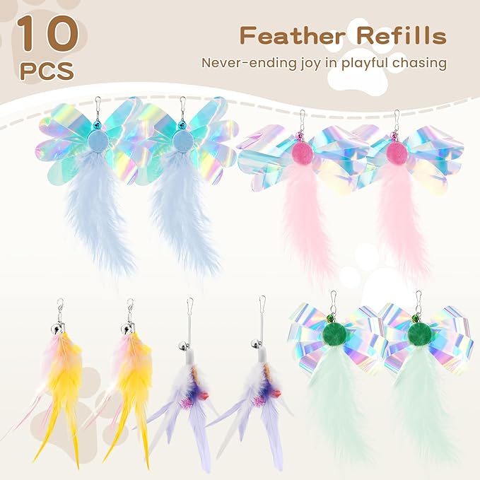 Pawaboo Feather Teaser Cat Toy, Interactive Feather Wands Cats Toy Flying Feathers Cat Catcher with Extra Long 34.5" Wand and Small Bell, Exerciser Playing Toys, 1 Wand + 10 Feathers, Multicolored
