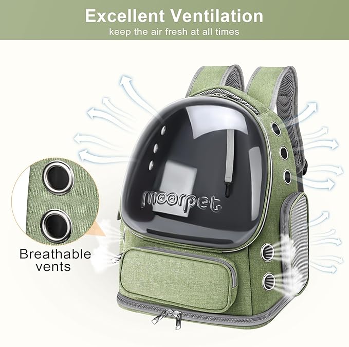 Cat Backpack Carrier, Breathable Cat Carrier Large Space Bubble Pet Backpack for Kitty Small Dog up to 20lbs, Transparent & Foldable Pet Carrier for Travel Hiking, Green