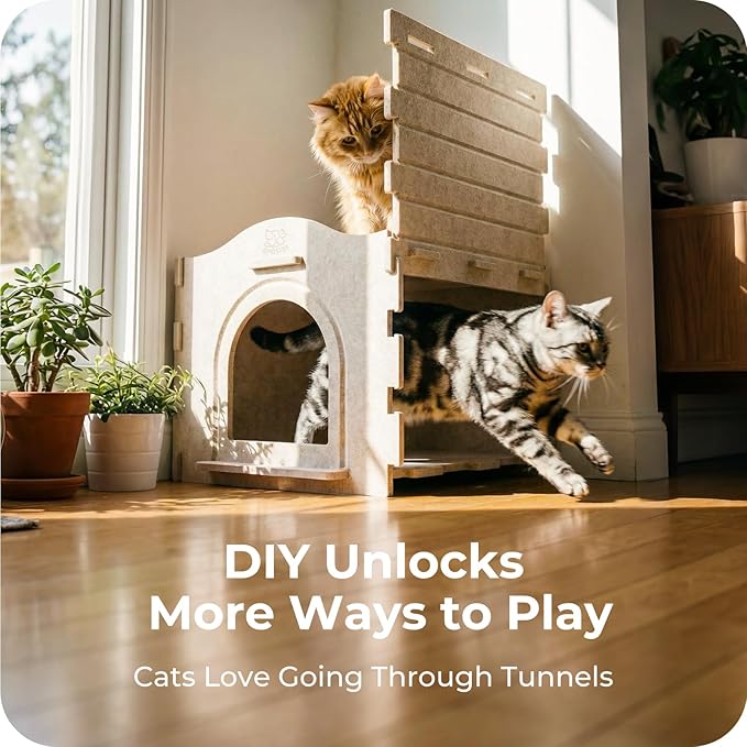 Apasiri Cat Bed Cave for Indoor Cats: New Felt Cat Bed with Fluffy Ball Hanging, Foldable Cat House with Scratch-Resistant Board, Hideaway Cat Cave for Timid Cats, Sturdy Two-Tier Cat Condo - Gray