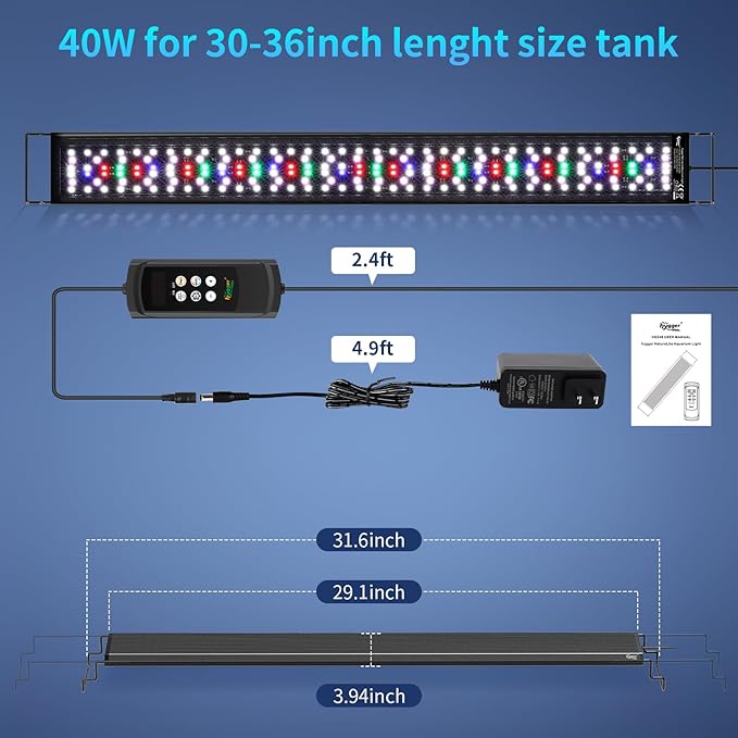 hygger Aquarium Light, 40W Full Spectrum Fish Tank LED Light, 24/7 Remote Control Adjustable Timer, Brightness and Color, Extendable Bracket, Power-Off Memory Plant Growth Lamp, Fits 30-36 Inch Tank