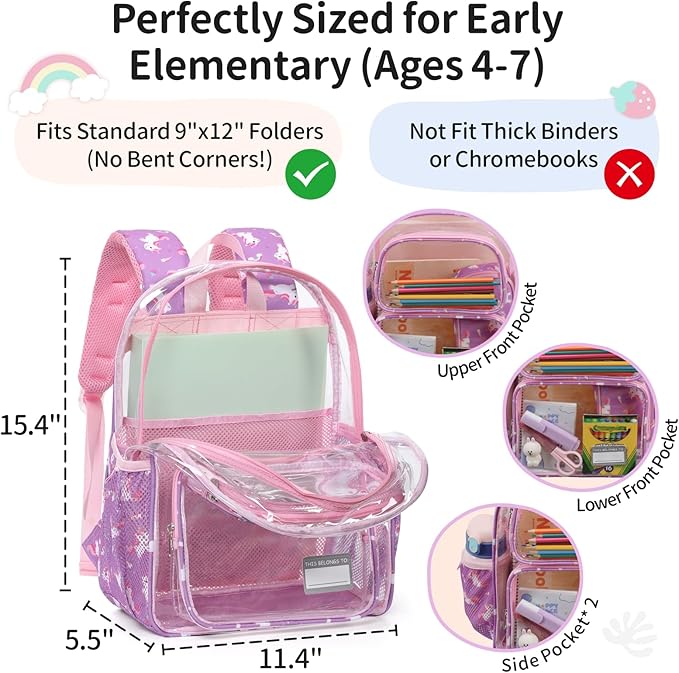 Clear Backpack for Girls, 15 Inch Heavy Duty Transparent Bookbag for Kindergarten to 2nd Grade, PVC See Through Daypack with Reflective Straps, Fits Standard Folders, Purple Cute Unicorn