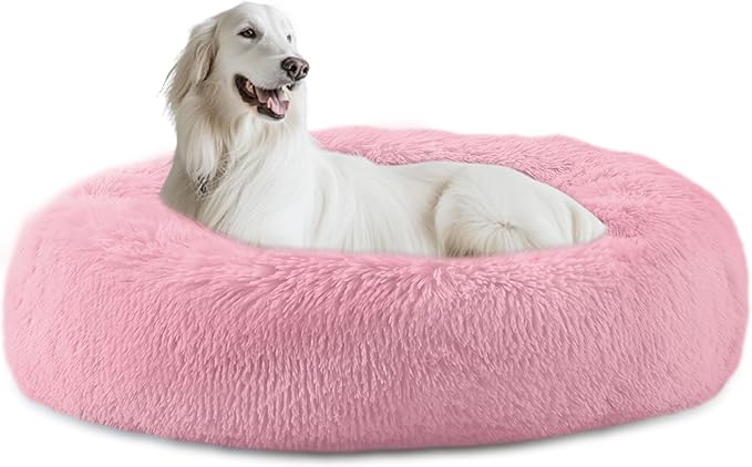 Bunlitent 39'' inch Calming Dog Bed, Anti-Anxiety Donut Bed for Medium Large Dogs, Warming Cozy Soft Cute Round Washable, Marshmallow Cuddler Nest Puppy Dogs and Cats Bed,Pink