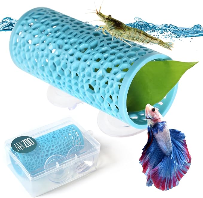 Abizoo Betta Fish Tunnel Hideout, Hollow Coral Aquarium Decor, Light Blue | Betta Hideaway Cave, Suction Cup Mount, Aquarium-Safe Material, Shelter for Shrimp Guppies Tetras Danios, Fish Tank Accessory