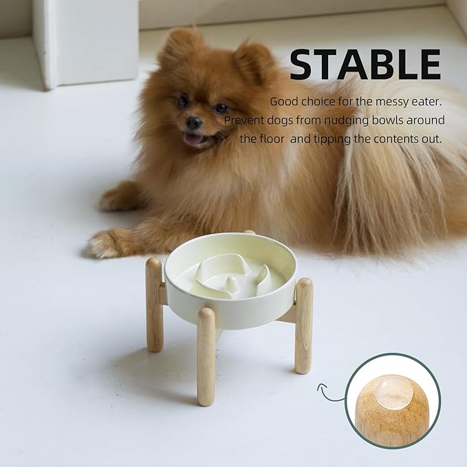 Havniva Ceramic 0.9 Cup Raised Dog Slow Feeder Set, Elevated Bowl with Wooden Stand for Small Dog and Cat, 6.1inch Puzzle Slow Dog Food Dish, Anti-Gulping(Light Yellow, Single Bowl+ Stand)