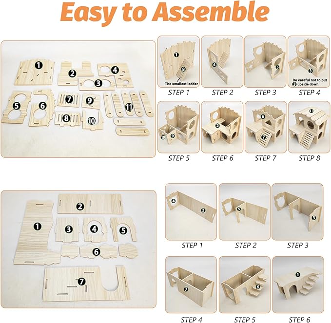 BNOSDM Hamster Tunnel Hideout Set, Wooden Hamster House Toy with Slide & Seesaw, Small Animals Cage Accessories for Syrian Dwarf Hamsters, Gerbils