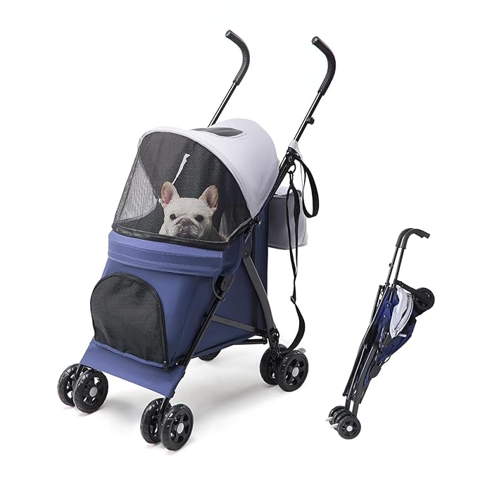 Lightweight 10 lbs Foldable Pet Stroller for Small Dogs & Cats, Easy-Fold Compact, with Adjustable Sun Canopy, Cup Holder, Breathable Mesh, Pad & Storage Bag, Holds 33 lbs, Blue