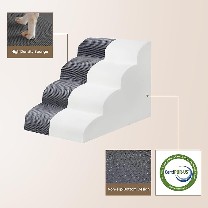 PAWSCRAT Pet Stairs for Dogs 3-Step, 15.7" H Pet Stairs for High Bed, Couch Sofa & Chair, 30D Material Soft Foam Dog Steps with Non-Slip Bottom Surface Removable Washable Cover, Grey