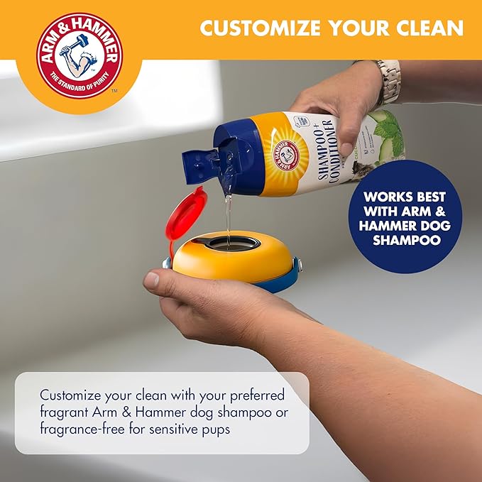 Arm & Hammer Soap Dispensing Dog Bath Brush with Baking Soda, Fill with Any Dog Shampoo, Silicone Scrubbing Nubs for Lathering & Deodorizing, Easy Grip Palm Brush for All Coat Types