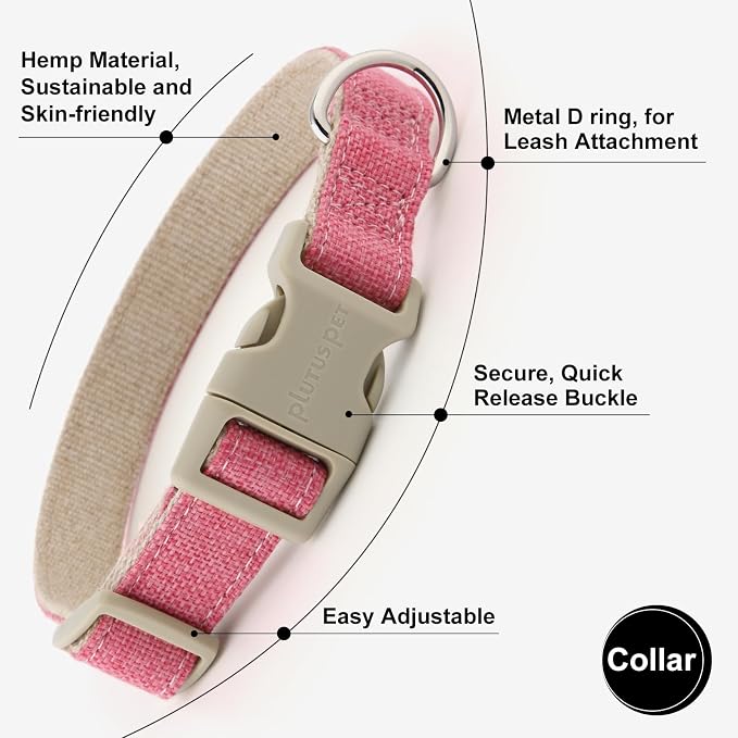 Plutus Pet Cotton Hemp Dog Collar and Leash Set, Adjustable Collar for Small, Medium, and Large Dogs, Heavy Duty and Soft on Skin, Hot Pink, M