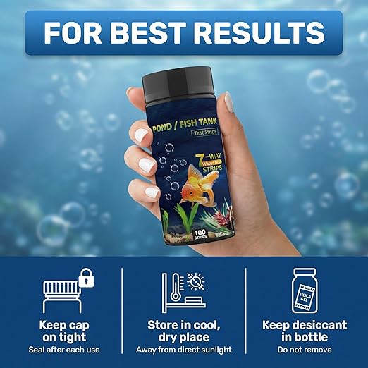 7-in-1 Pond & Fish Tank Test Strips - 100 Count | Fast 30s Water Test Kit for Carbonate, pH, Hardness, Chlorine, Nitrate, Nitrite | Freshwater & Saltwater Aquariums