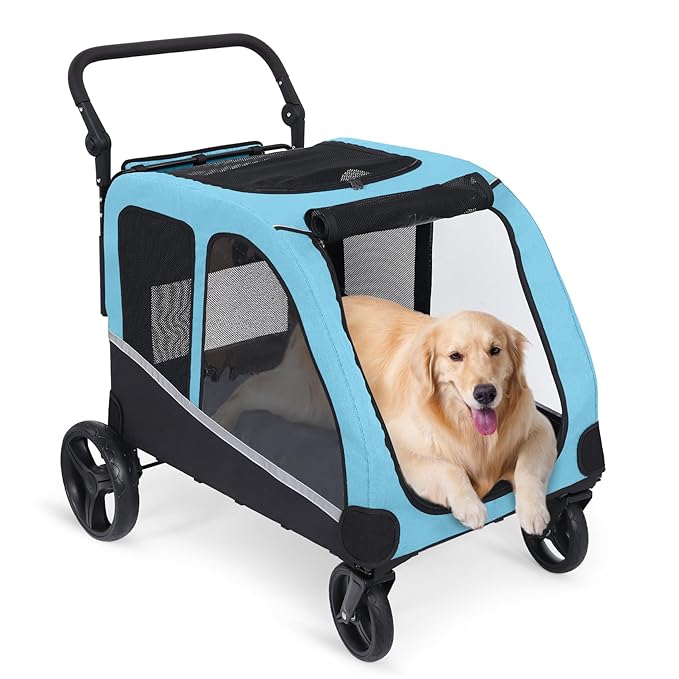 Saudism Dog Stroller for Large Dogs, Extra Large Pet Stroller for Medium Dogs, Dog Wagon Carriage, Foldable Design, Adjustable Handle, with Pocket, Up to 130 lbs, Blue