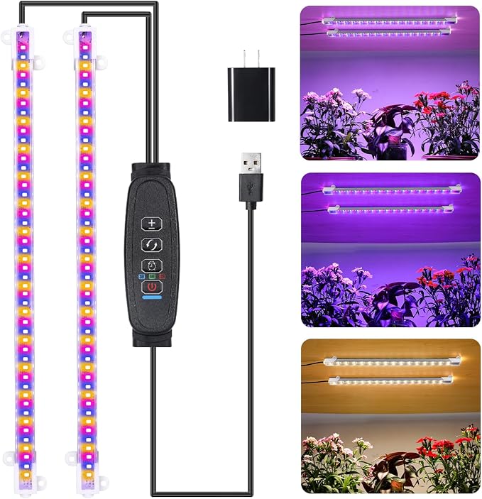 RWNTAO Two Strip Growing Lamp for Indoor Plants, Red & Blue & Yellow Full Spectrum LED Grow Light Strips with Auto ON/Off 3/9/12H Timer,10 Dimmable Levels for Green House Succulent (2 Head 13 in)