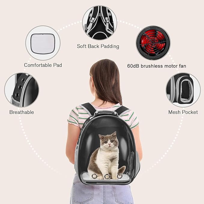 Cooling Fan Pet Backpack Carrier,Airline Approved Transparent Bubble Backpack for Cats, Dogs, Puppies Built-in Side Fan for Active Ventilation & Comfort Travel and Outdoor (Black)