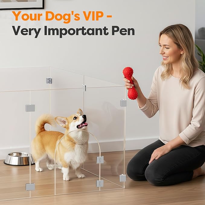 Clear Acrylic Pet Playpen with Door, 8 Panels 23.6 Inches High, Indoor Pet Fence & Crate for Puppies Small Dogs and Cats, with Metal Connectors, Easy to Assemble, Free Combination of Multiple Styles