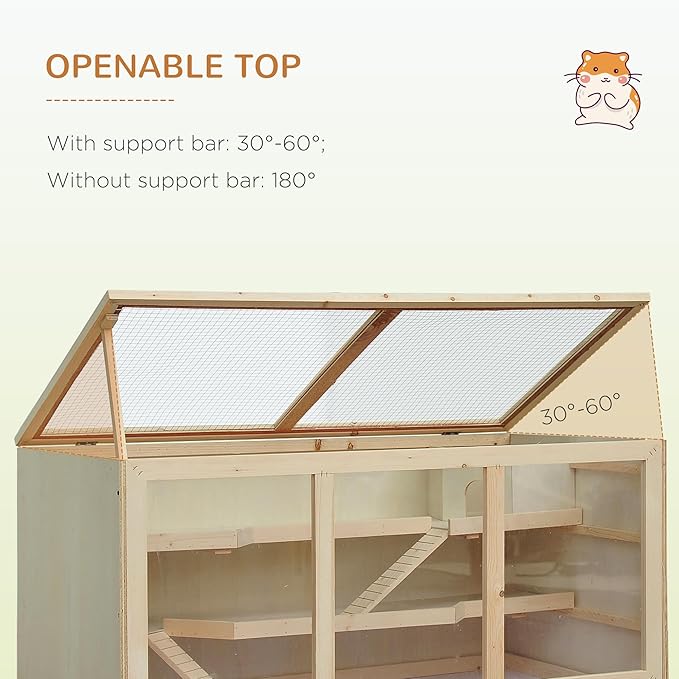 PawHut 45" Extra Large Wooden Hamster Cage, 3-Layer Rat Cage with Opening Roof, PVC Window, Small Animal Habitat for Gerbil, Dwarf & Syrian Hamsters, Natural