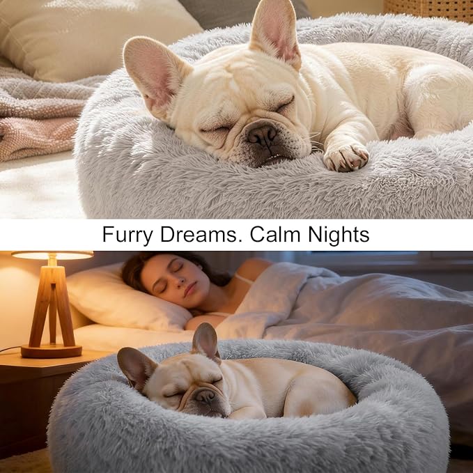 Dog Calming Beds for Small Medium Large Dogs - Round Donut Washable Dog Bed, Anti-Slip Faux Fur Fluffy Donut Cuddler Anxiety Cat Bed(36" Light Gray)
