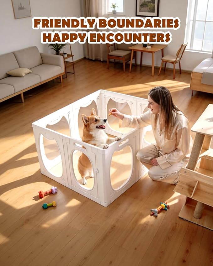 Clear Acrylic Dog Playpen with Door, 8 Panels Clear Dog Playpen Indoor, 23.6" Transparent Pet Fence, Expandable Puppy Playpen with Suction Cups, Easy Assemble for Small Dogs/Puppies/Cats
