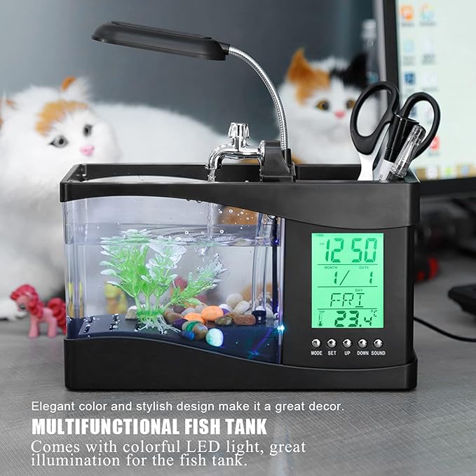 Mini Fish , Multifunctional USB Rechargeable Fish Desktop Electronic Aquarium with Clock Function LED Light Pen Holder for Office, Home