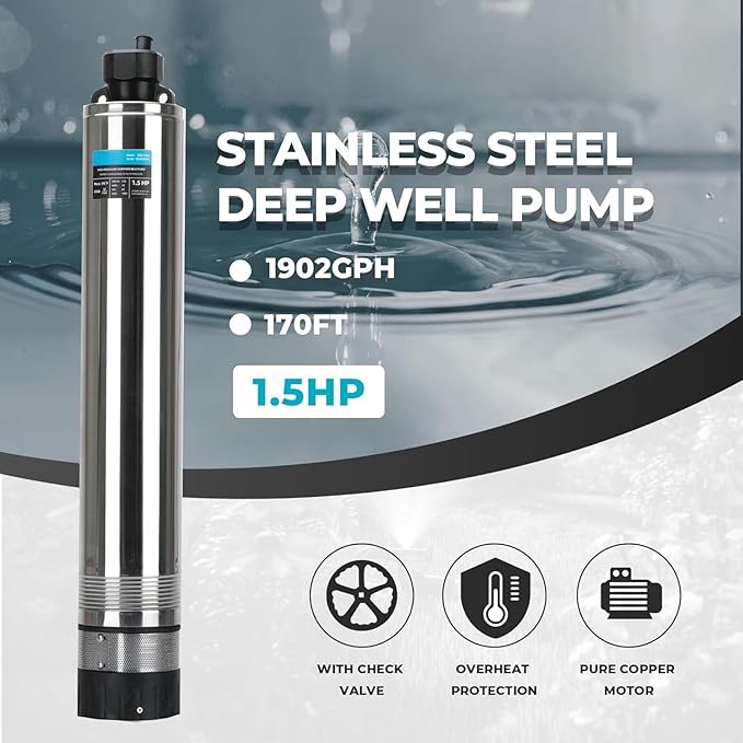 LEO 1.5HP Shallow Deep Well Pump 170FT Head, 1902GPH w/72.2FT Power Cord 115V, Stainless Steel, Shallow Well Pump for Home, Irrigation Low Noise