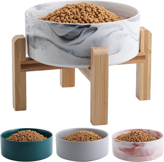 Elevated/Raised Ceramic Dog Bowl with Bamboo Stand (Marble Gary, 3.6Cup)