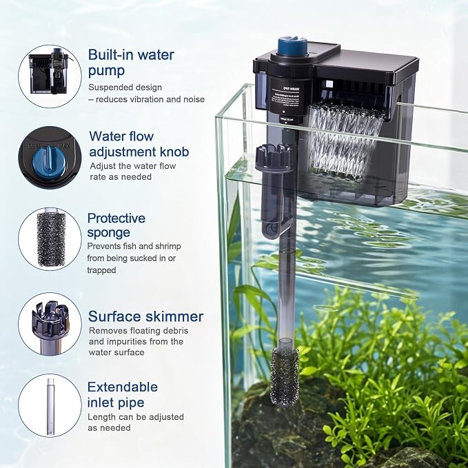 Hang on Back Aquarium Filter，Aquarium Filter，Quiet for 3-15 Gal. | Adjustable Flow, With surface skimmer and sponge guard.Freshwater & saltwater compatible, 6W, 140 GPH.