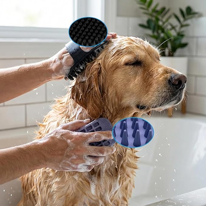 PETIMP STORE 4PCS Self Cleaning Slicker Brush, Pet Grooming Rake, Bath Brush & Massage Brush for Short/Long Haired Dogs, Cats & Horses, Pet Grooming Deshedding Tools - Pet Supplies (Blue Black)