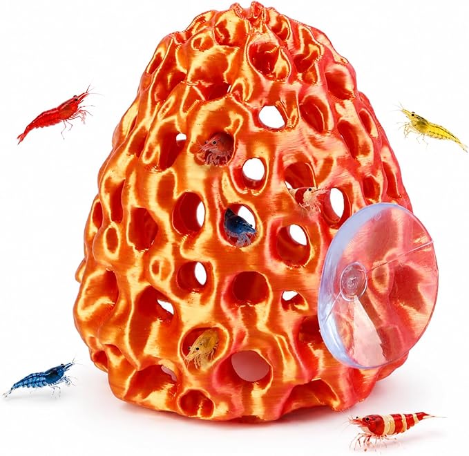 Uniclife Shrimp Cave, Shrimp Hides for Aquarium, Realistic Plastic Aquarium Coral Rock Decorations with Suction Cup, Betta Hideout Tank Accessories for Fish Tank Decor, Red-to-Yellow Gradient